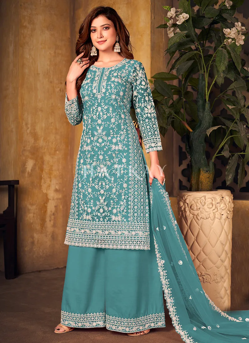 Teal Blue Embroidered Pakistani Palazzo Suit