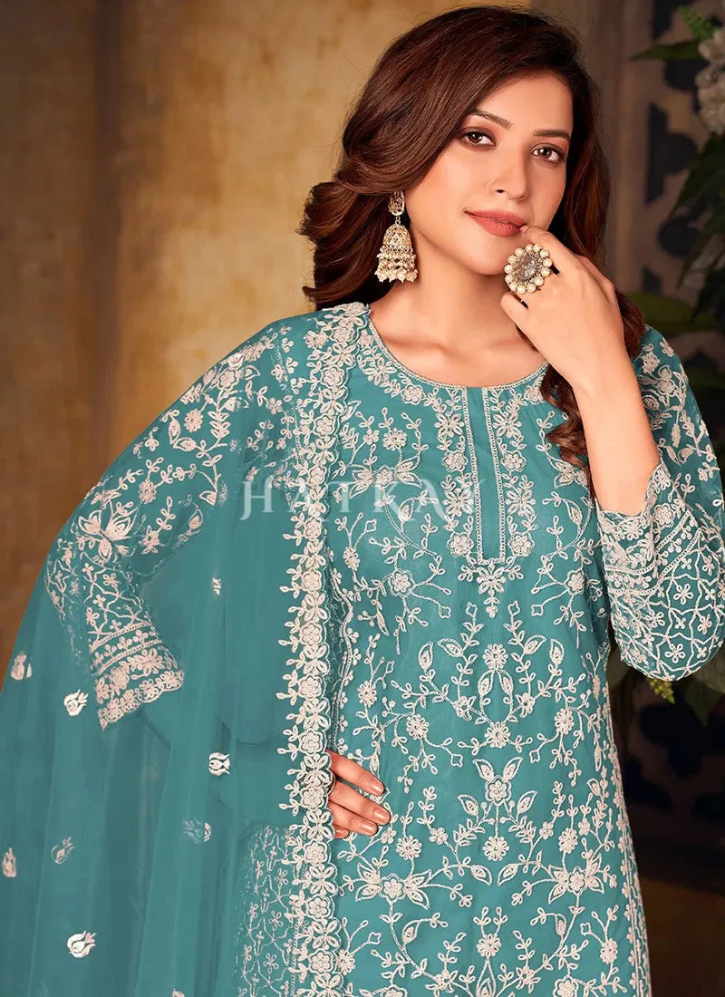 Teal Blue Embroidered Pakistani Palazzo Suit