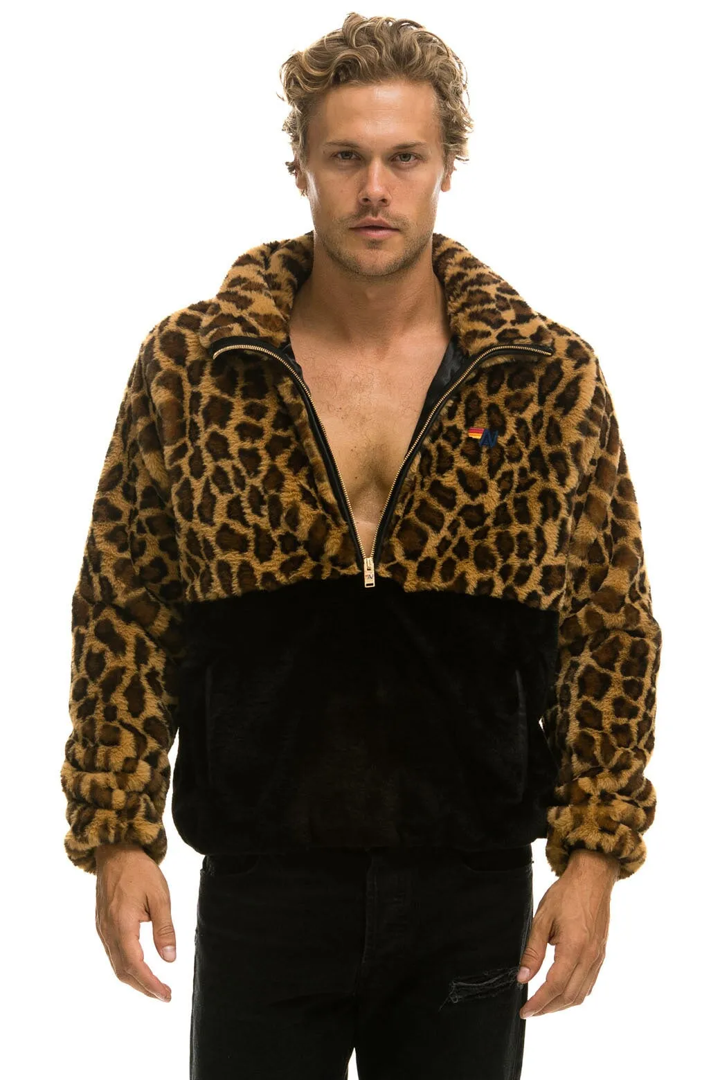 TEDDY UNISEX HALF ZIP COLOR BLOCK JACKET - CHEETAH