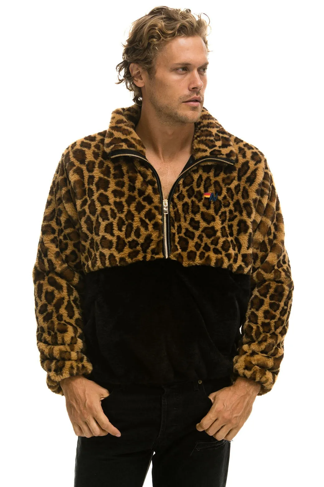 TEDDY UNISEX HALF ZIP COLOR BLOCK JACKET - CHEETAH