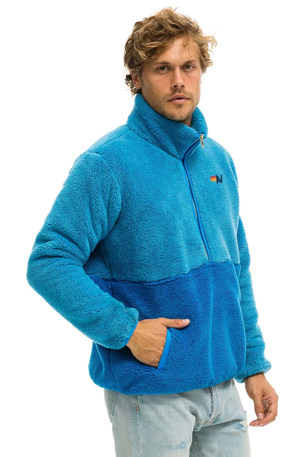 TEDDY UNISEX HALF ZIP COLOR BLOCK JACKET - OCEAN