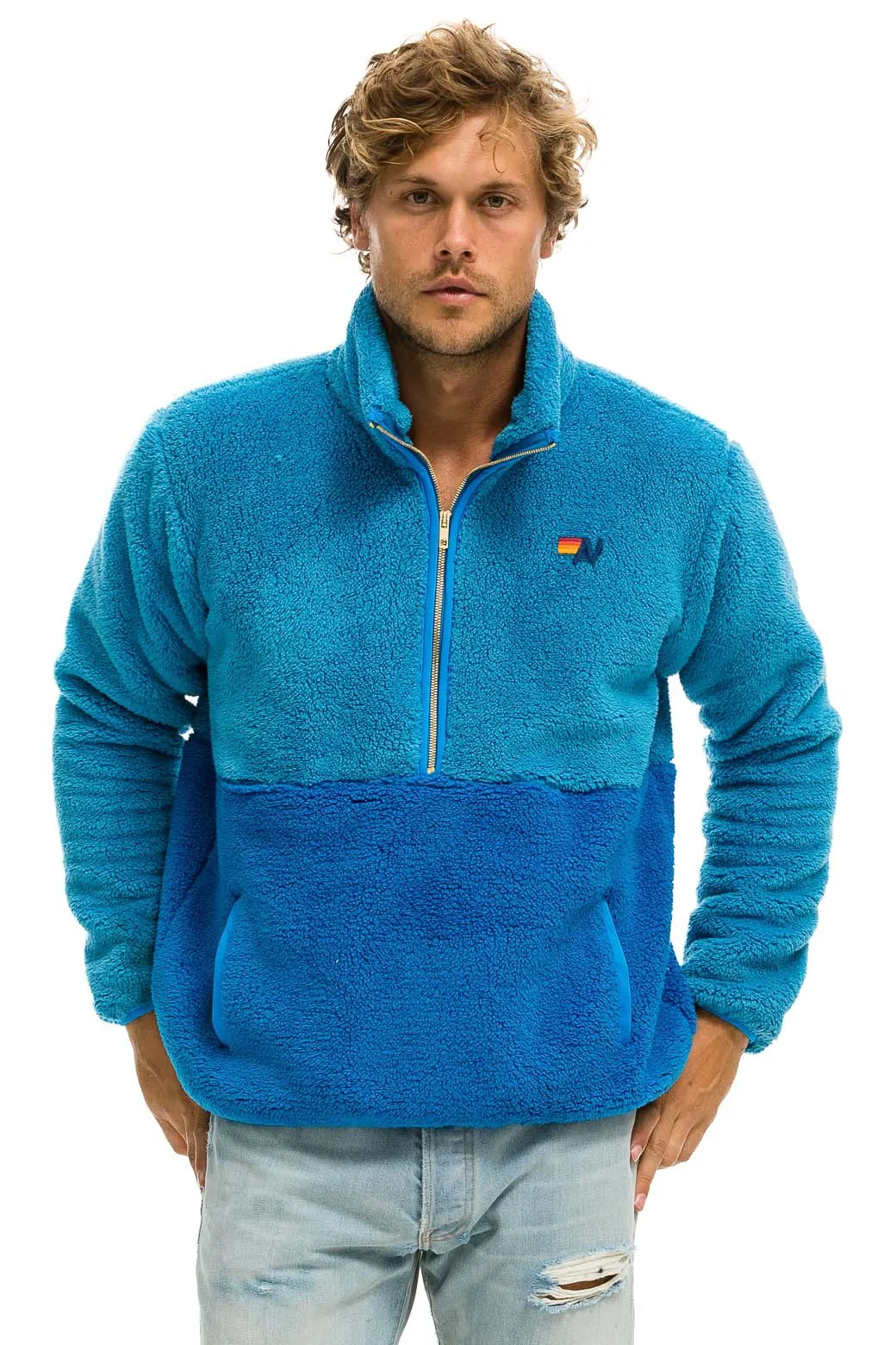 TEDDY UNISEX HALF ZIP COLOR BLOCK JACKET - OCEAN