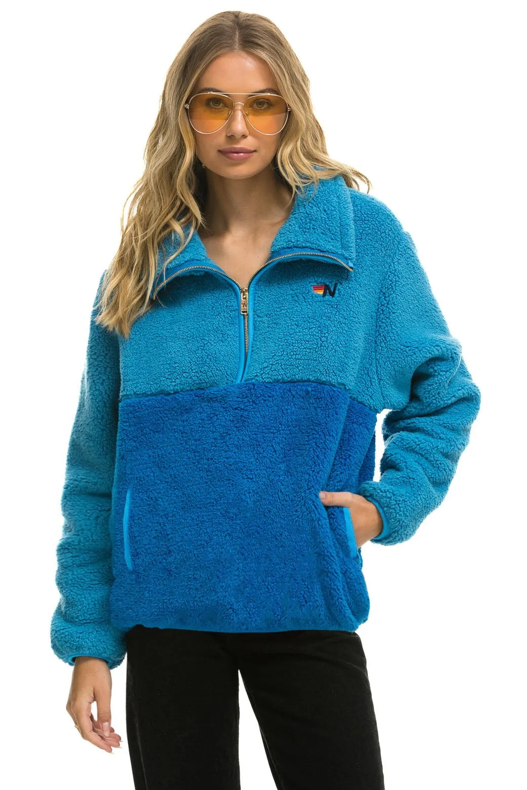 TEDDY UNISEX HALF ZIP COLOR BLOCK JACKET - OCEAN