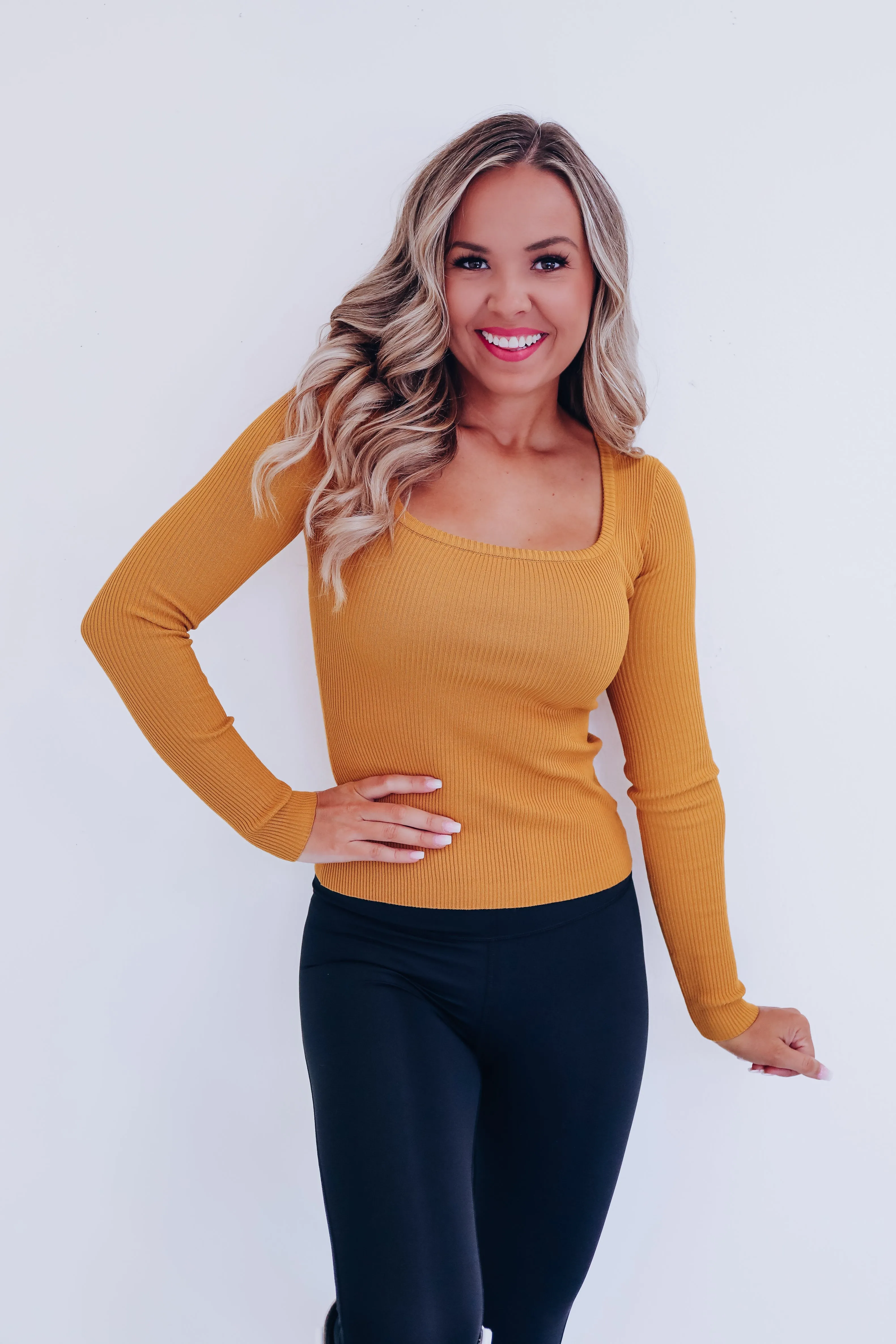 Touch Of Class Ribbed Knit Top - Mustard