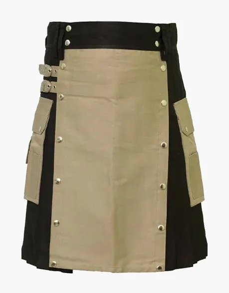 Traditional black utility kilt with pockets and a khaki apron