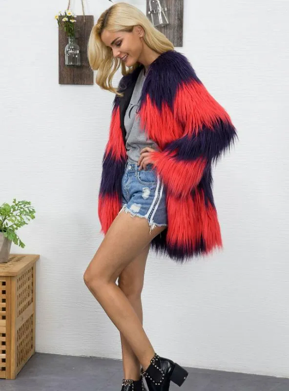 V Neck Faux Fur Coat Middle Length Contrast Color