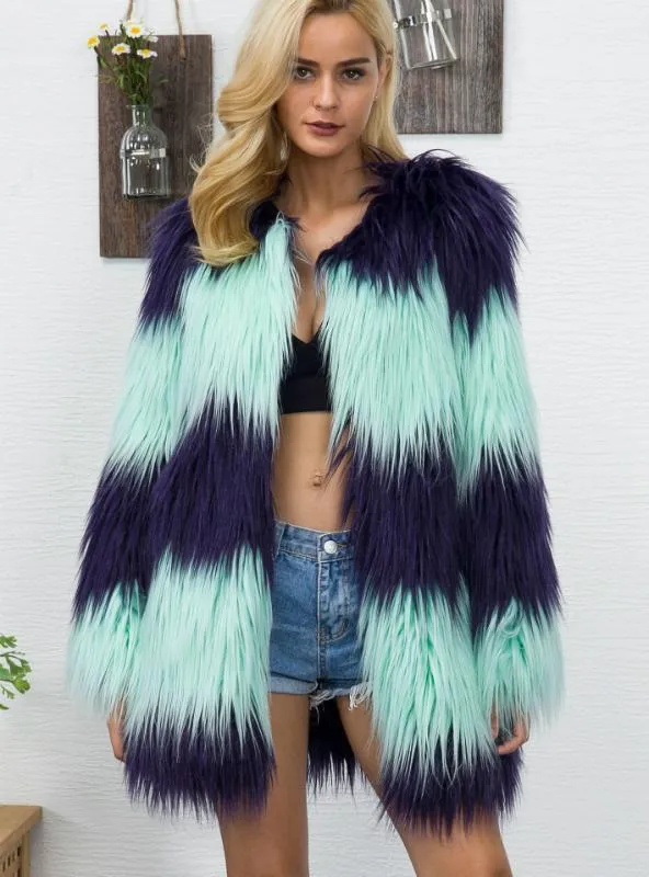 V Neck Faux Fur Coat Middle Length Contrast Color