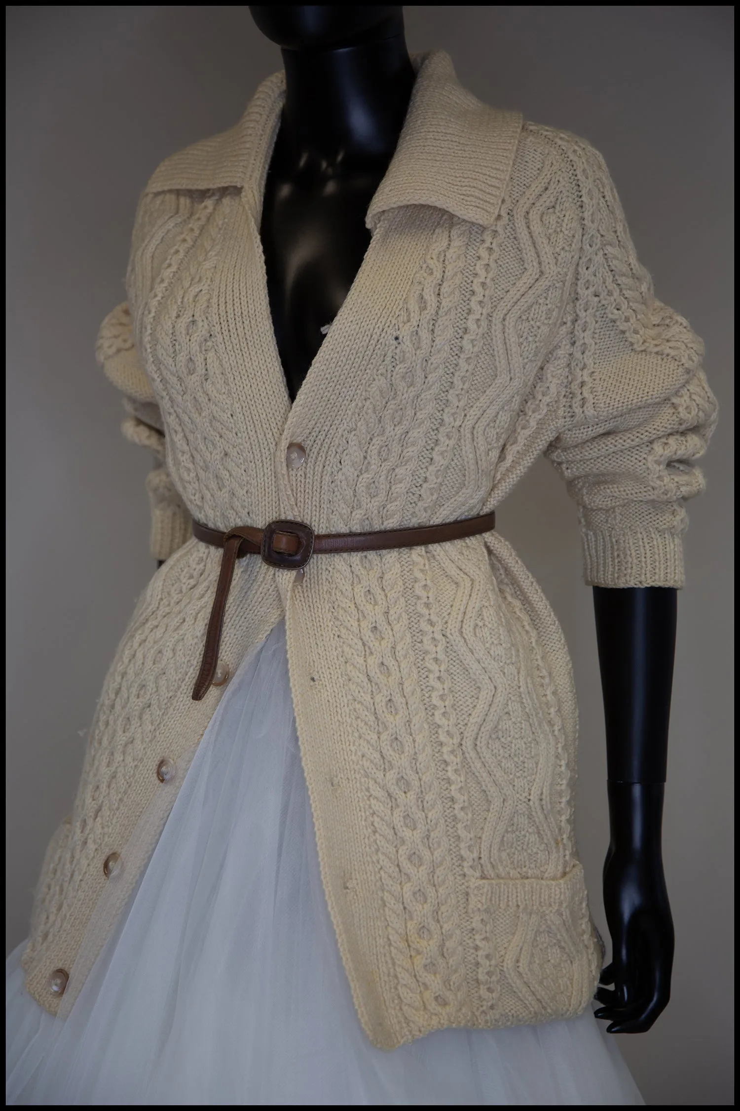 Vintage 1970s Cream Aran Knit Long Cardigan