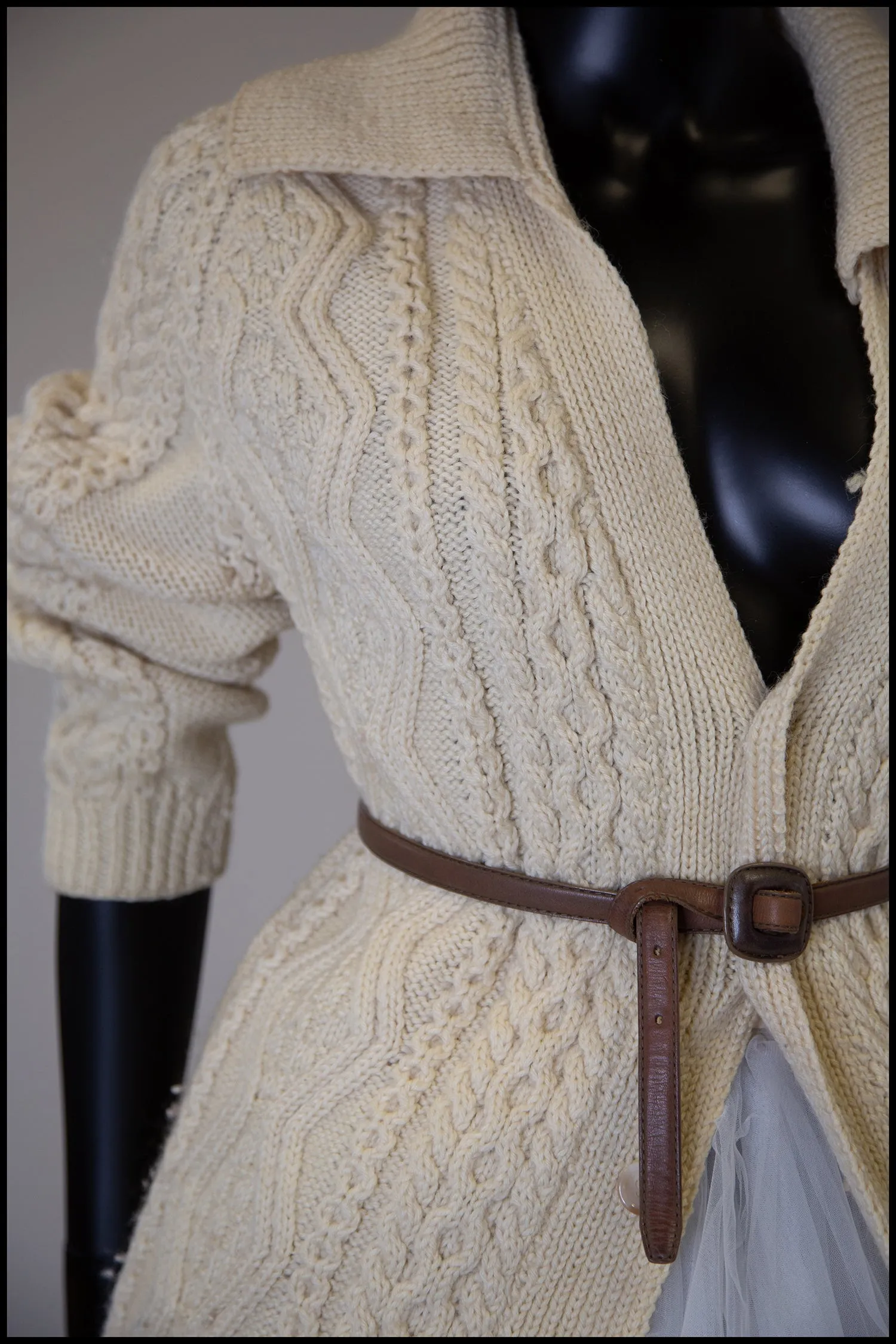 Vintage 1970s Cream Aran Knit Long Cardigan