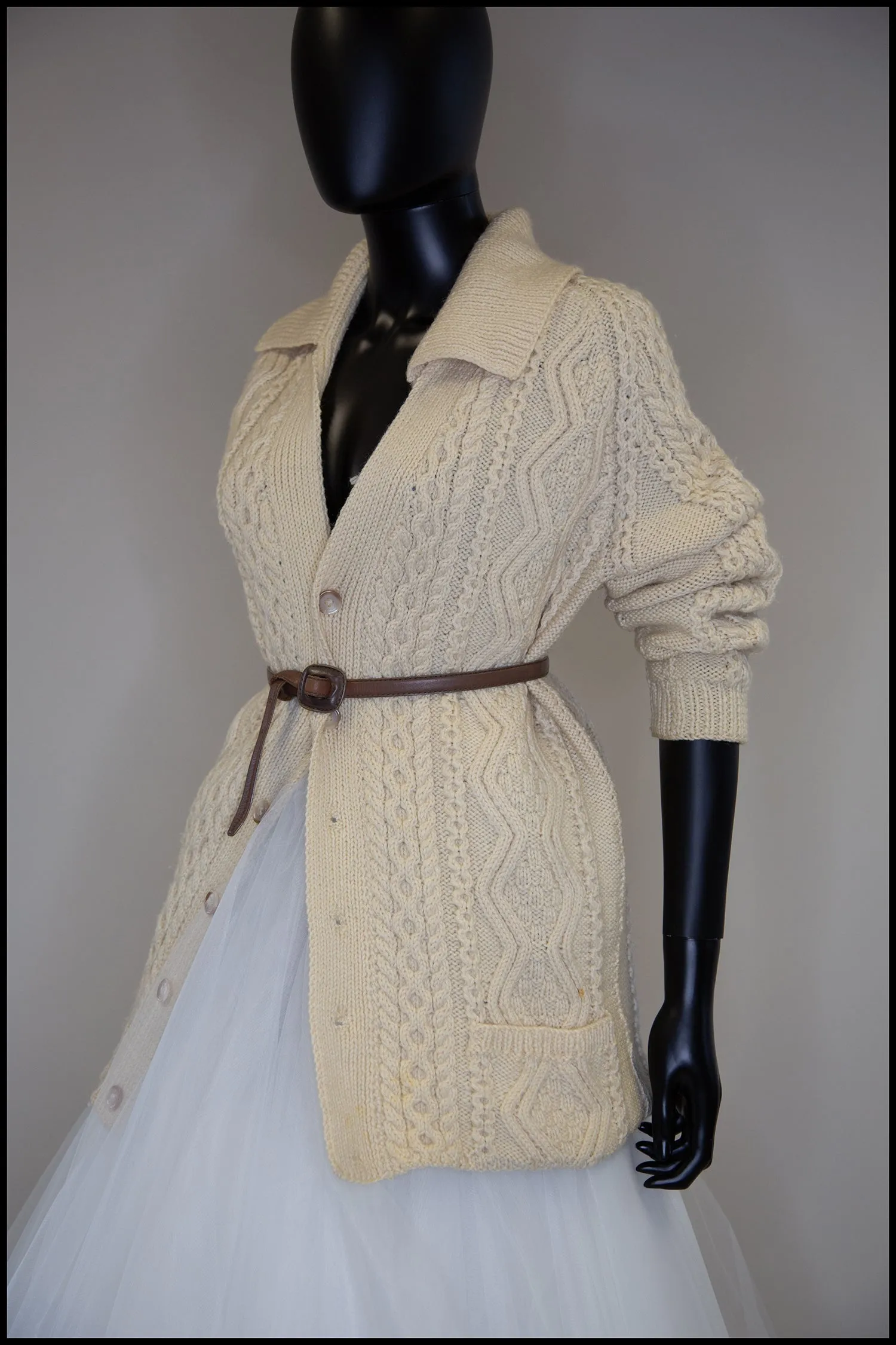 Vintage 1970s Cream Aran Knit Long Cardigan