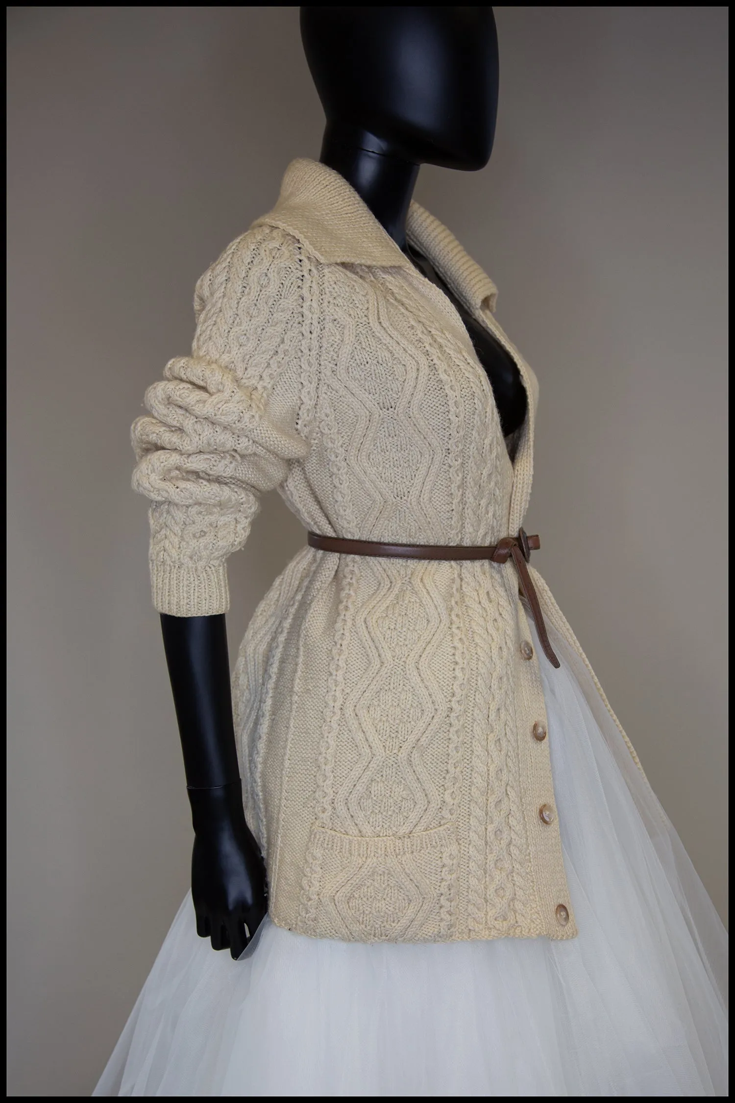 Vintage 1970s Cream Aran Knit Long Cardigan