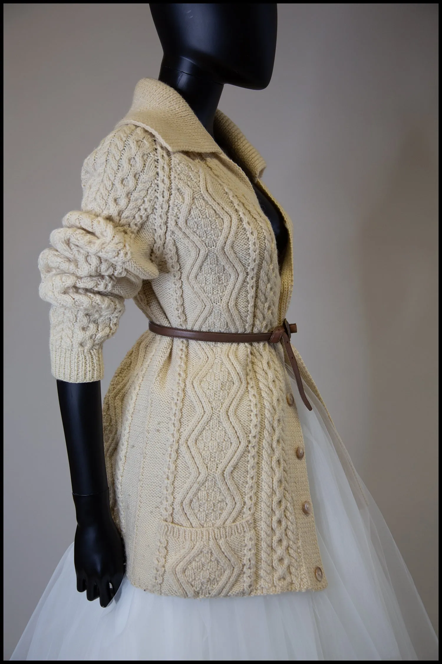 Vintage 1970s Cream Aran Knit Long Cardigan