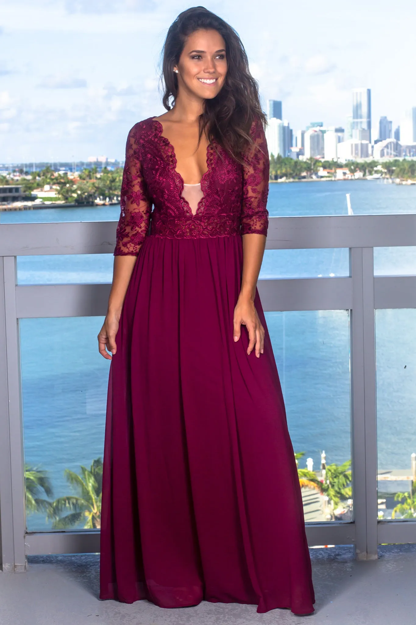 Wine Maxi Dress with Embroidered Top and Open Back