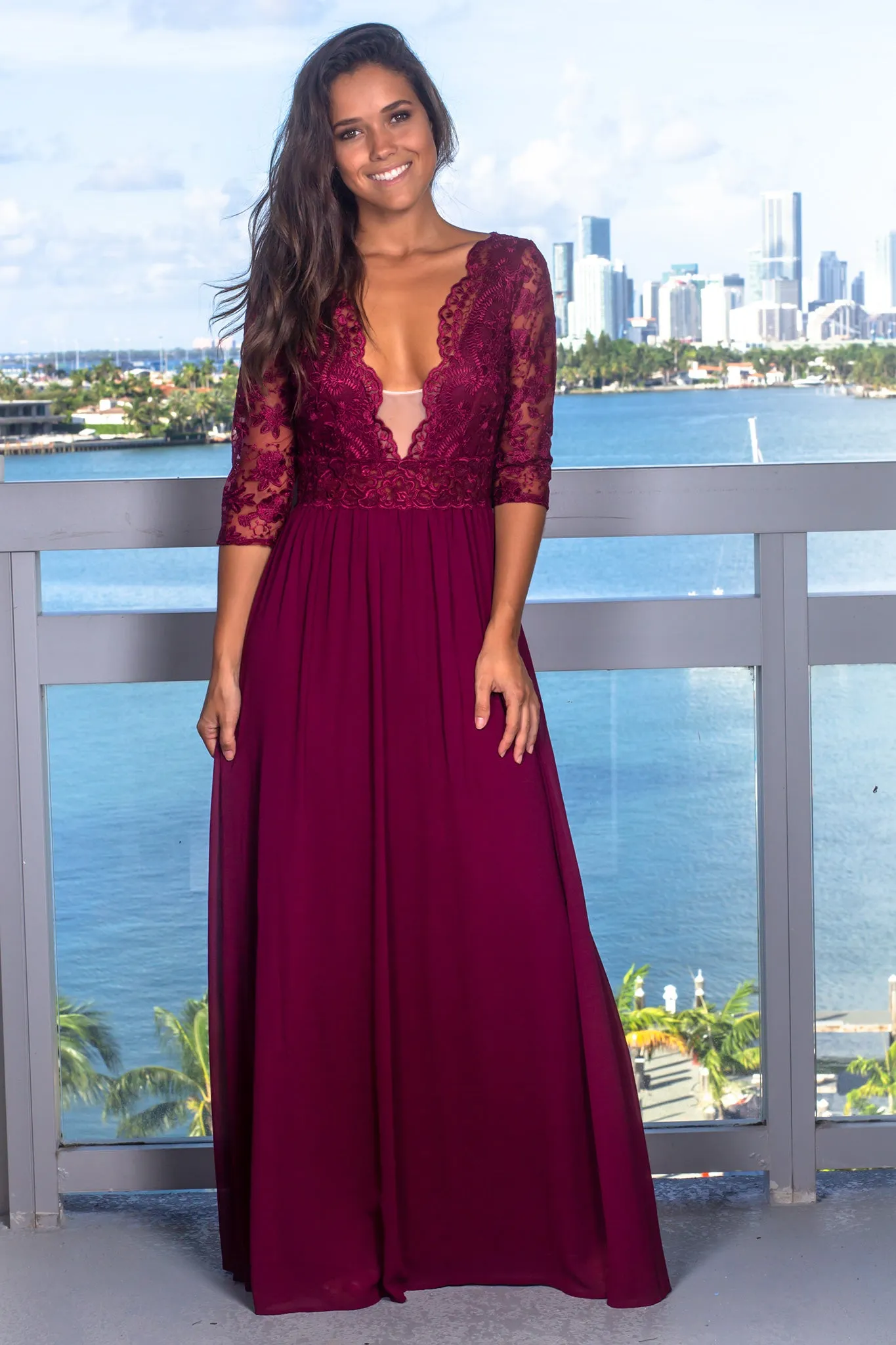 Wine Maxi Dress with Embroidered Top and Open Back