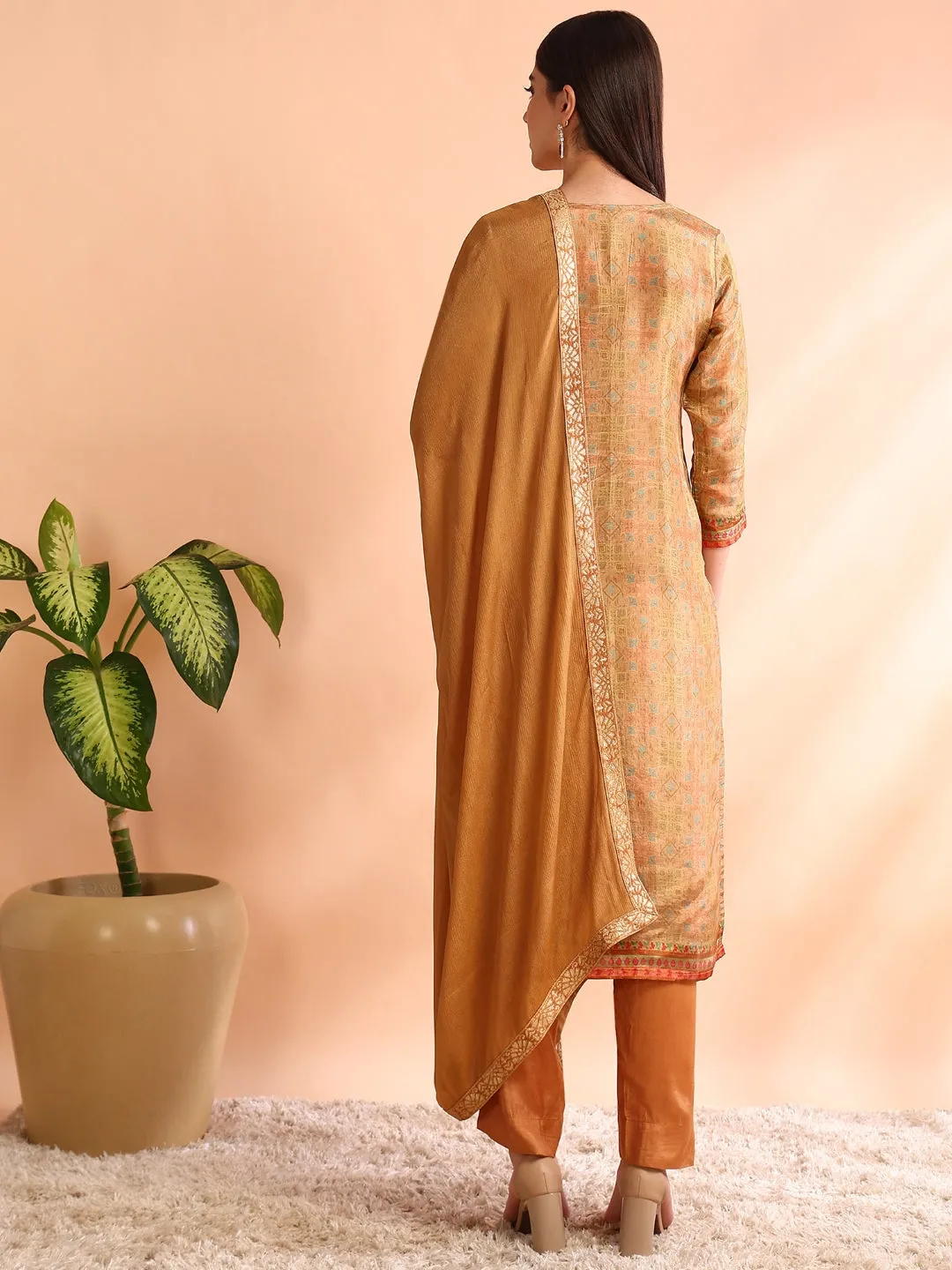 Women Khaki Silk Blend Geometric Woven Design Straight Kurta Trouser With Dupatta