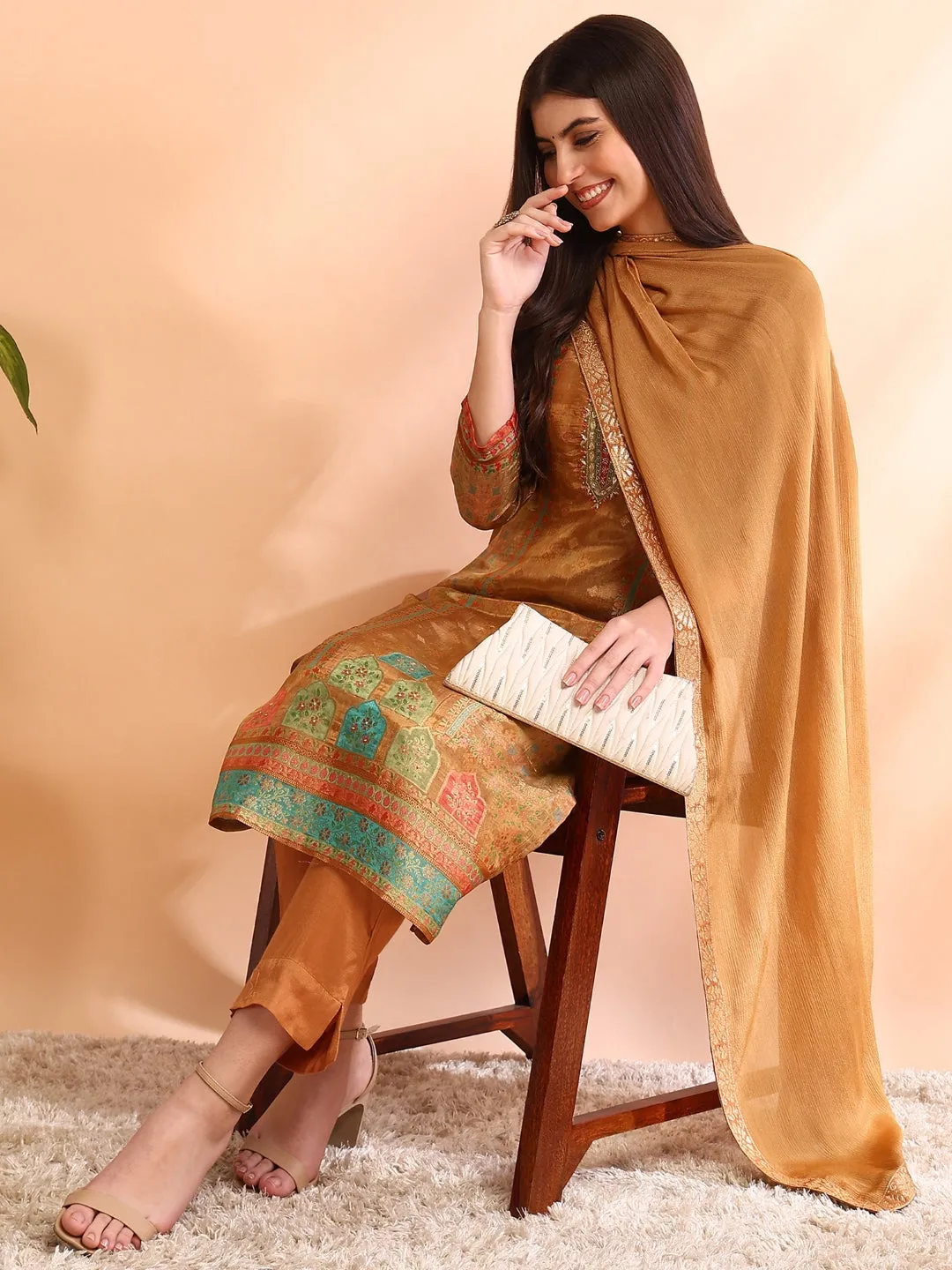 Women Khaki Silk Blend Geometric Woven Design Straight Kurta Trouser With Dupatta