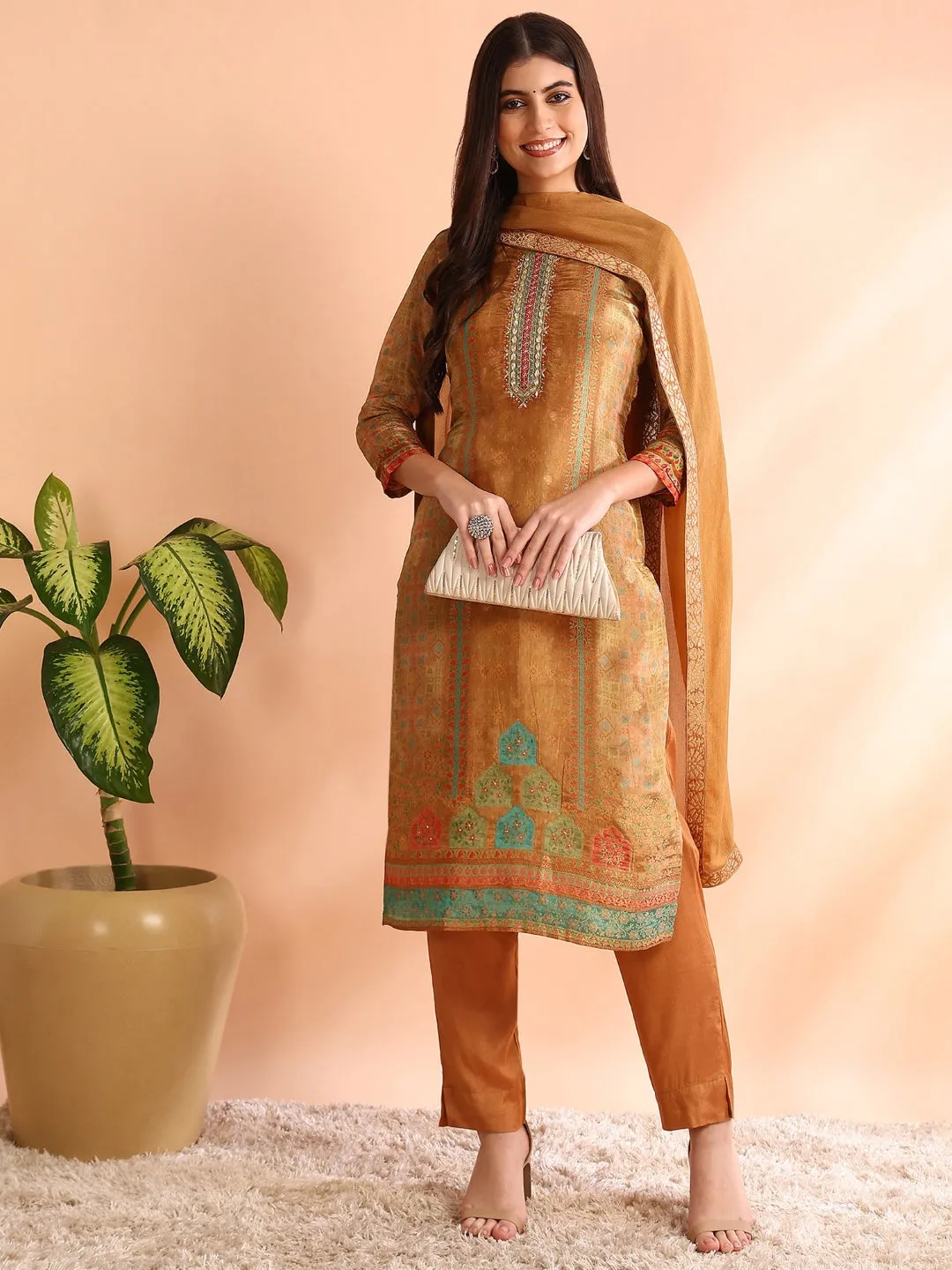 Women Khaki Silk Blend Geometric Woven Design Straight Kurta Trouser With Dupatta