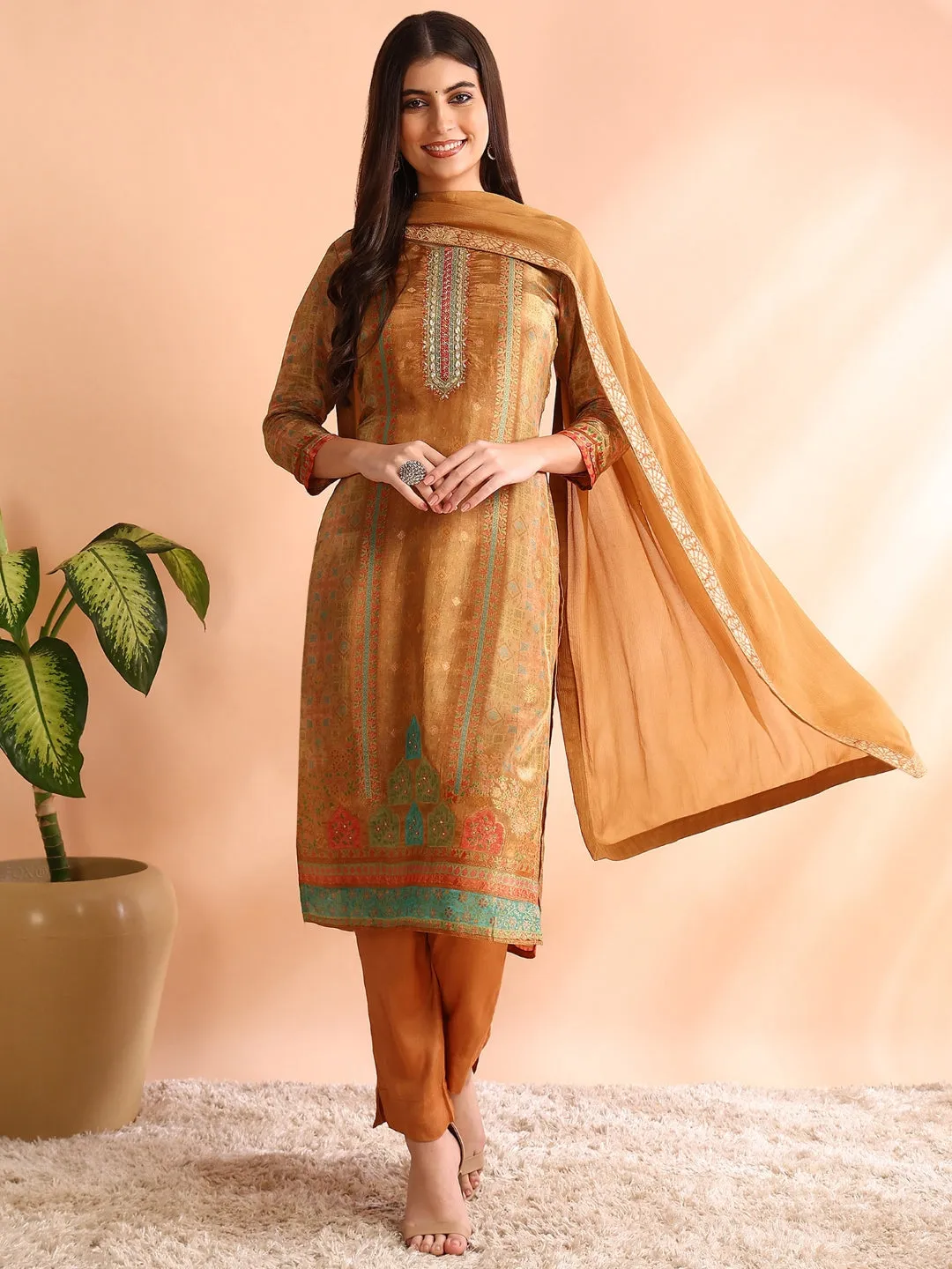 Women Khaki Silk Blend Geometric Woven Design Straight Kurta Trouser With Dupatta