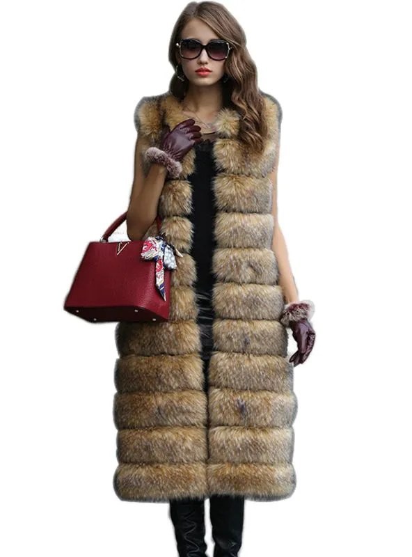 Women Long Solid Female Artificial Faux Fur Vest For