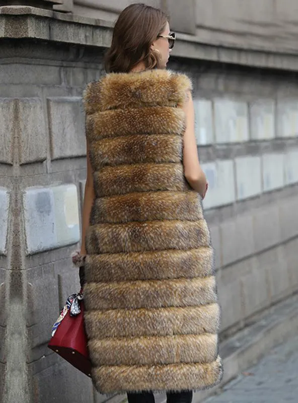 Women Long Solid Female Artificial Faux Fur Vest For