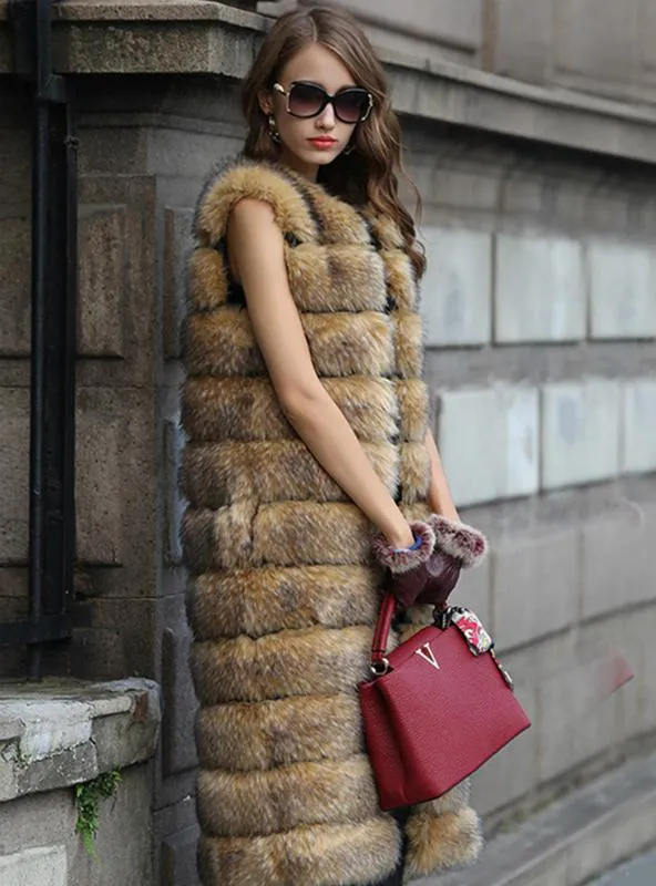 Women Long Solid Female Artificial Faux Fur Vest For