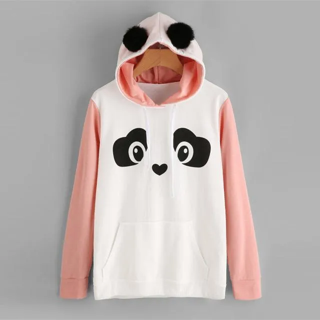 Women Panda Hoodie With Faux Fur Sweatshirt