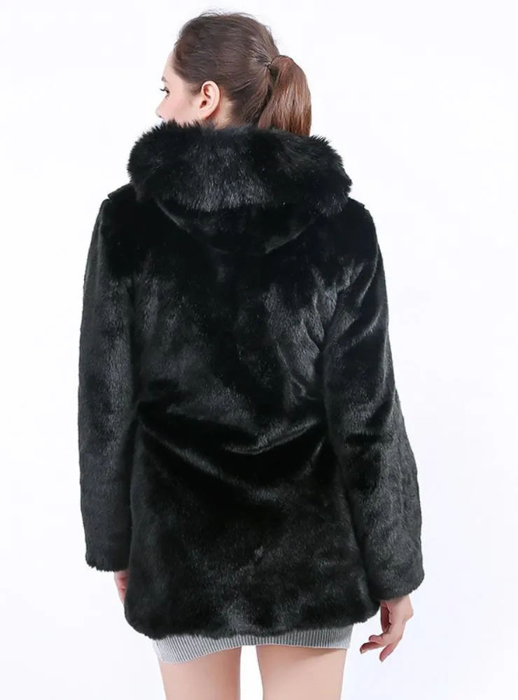 Women's Faux Fur Mink Coat Hooded Medium