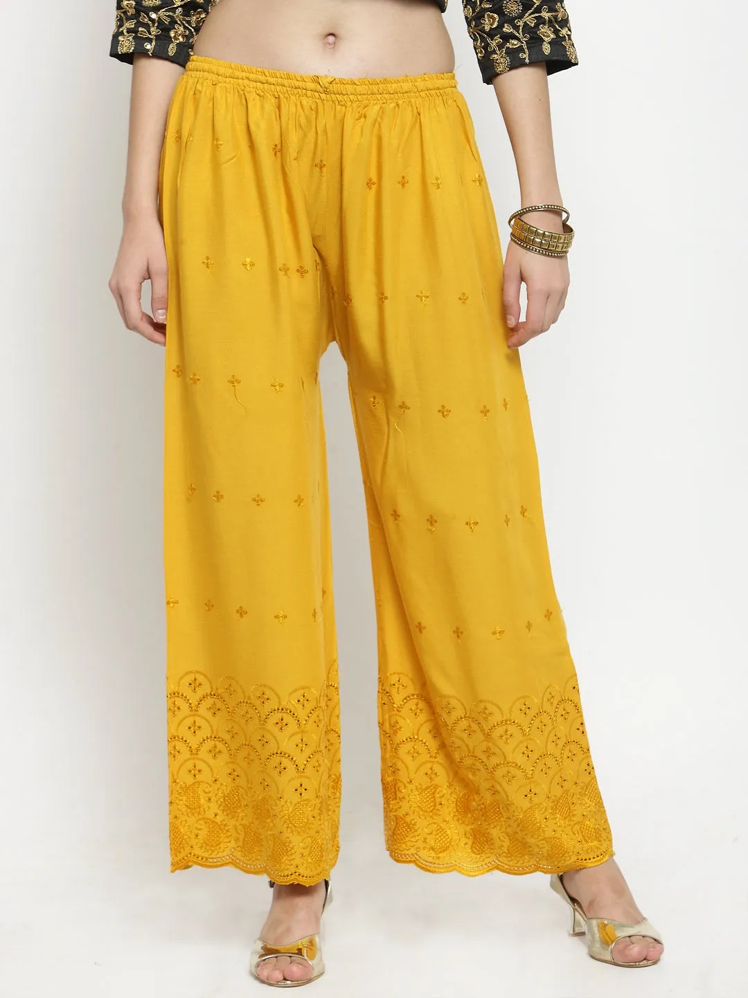 Women'S Mustard Chikankari Rayon Palazzo