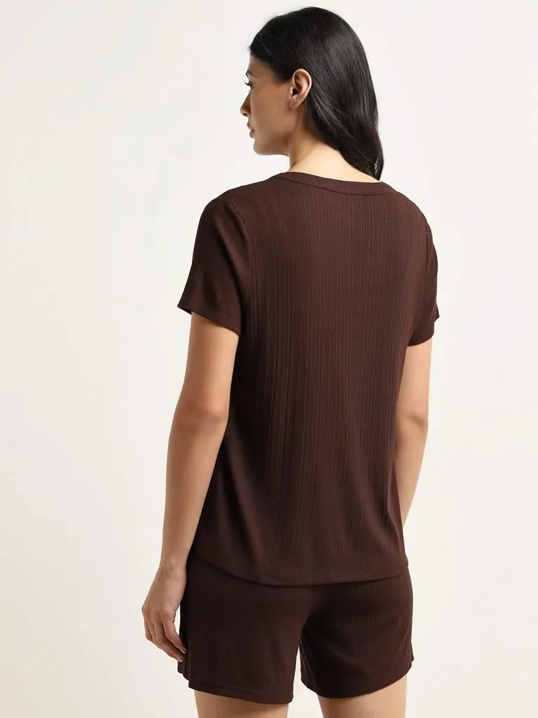 Wunderlove Dark Brown Ribbed Henley Top