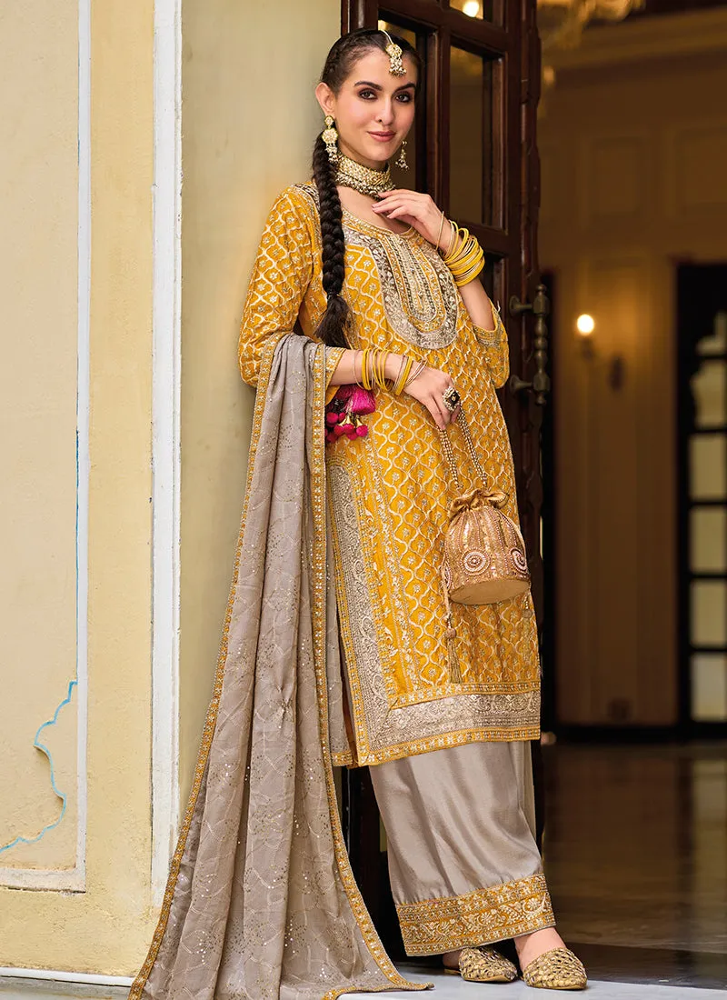 Yellow And Beige Multi Embroidery Traditional Palazzo Suit