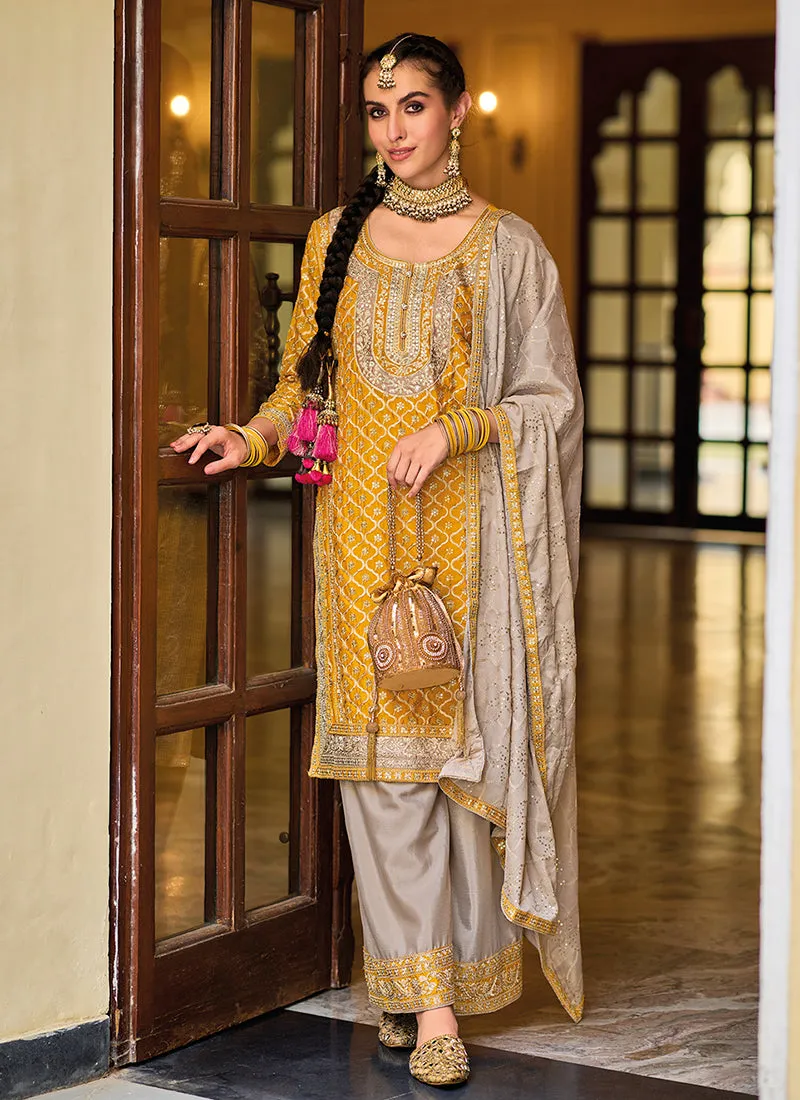 Yellow And Beige Multi Embroidery Traditional Palazzo Suit