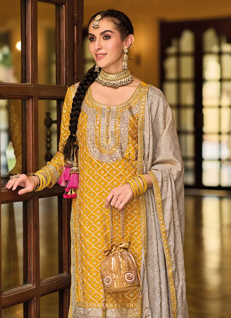 Yellow And Beige Multi Embroidery Traditional Palazzo Suit