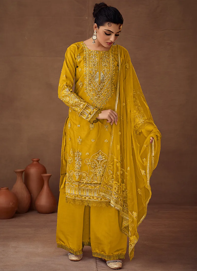 Yellow Designer Embroidered Organza Palazzo Suit