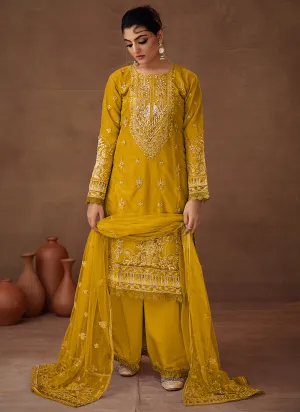 Yellow Designer Embroidered Organza Palazzo Suit